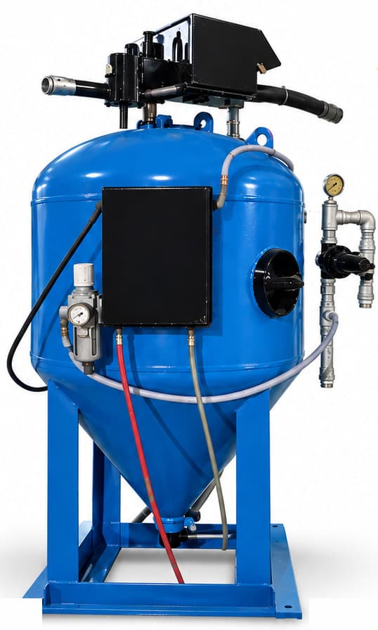 Olla de blasteo húmedo KINHEBLAST DB1500: recipiente azul a presión con cono de descarga, montado sobre patín estructural, con su caja de mandos arriba y el manómetro de operación a un costado.
